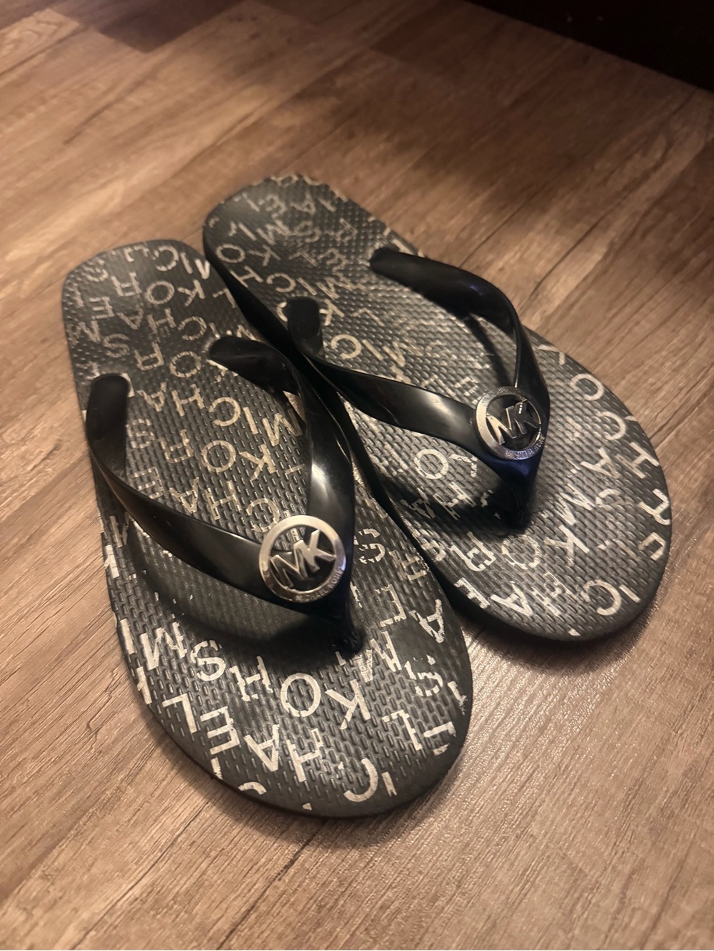 Michael Kors Black Logo Medallion Flip Flops